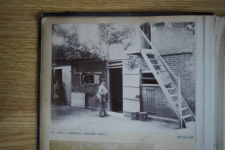 A late Victorian photograph album; 1890's onwards, assorted portraits, topography including Sussex, Hove Bowling Club, opening meeting 1905 and various railway related images. Condition - spine torn album damaged, photos